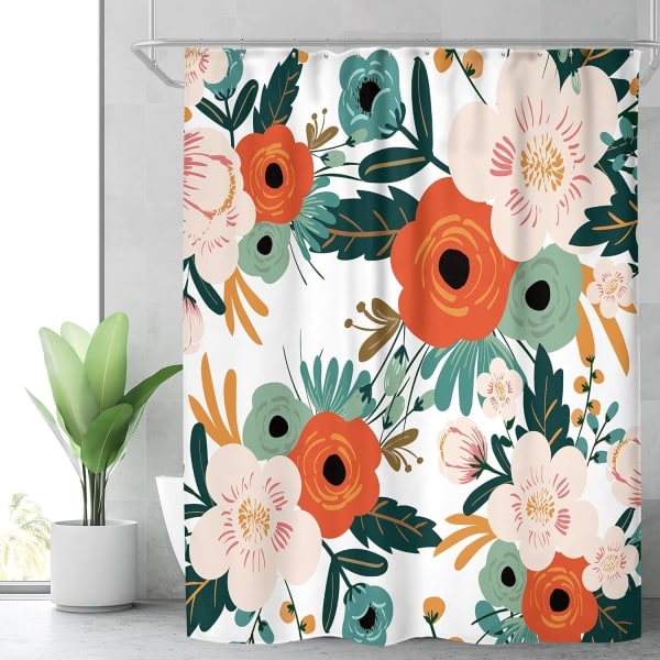 Forårsblomster Bruseforhængssæt Sæsonbestemt Grøn Badeværelse Dekorativt Stof Vandafvisende 70.87x78.74 Tommer med 12 Pakker Plast Bruseforhængskroge