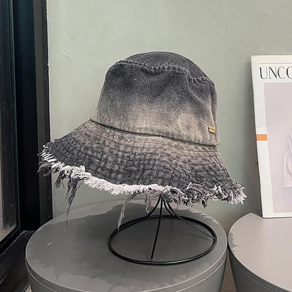 Gradientfarge Denim Fiskerhatt for Kvinner, Mote Sommer Utendørs Strand Solbeskyttelse Cap, Svart