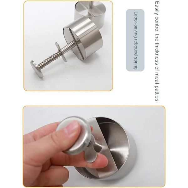 Justerbar Burgerpresse Hamburger Patty Maker med fjederknap, rustfrit stål non-stick fyldt hamburgerpresse maker 8cm