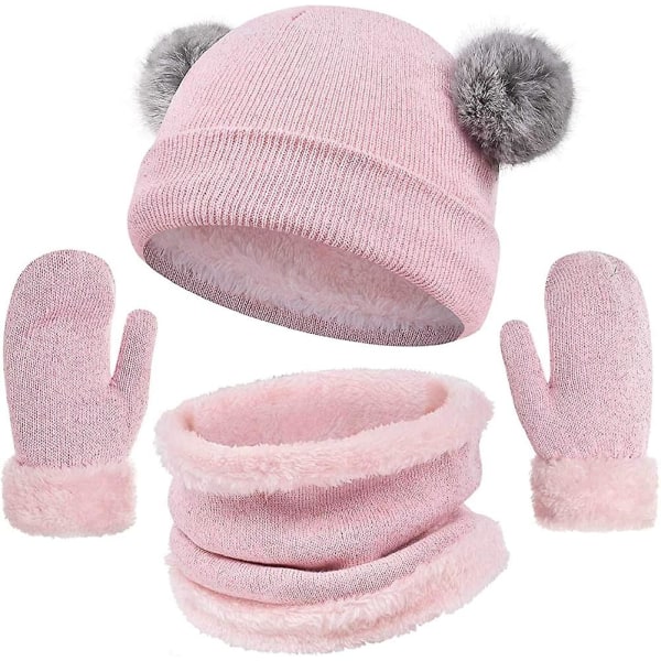 Lmell 3 stykker hue og tørklæde sæt til børn Vinter Pom Pom hat Tørklæde handsker sæt til