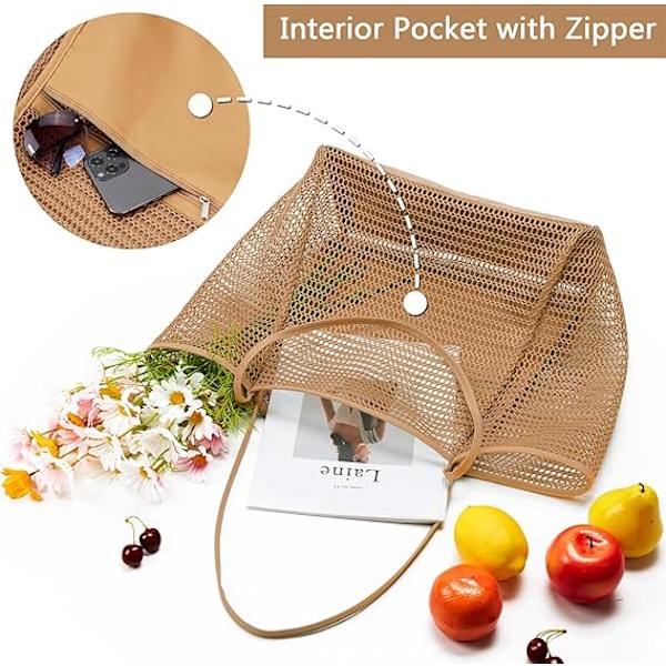 Sommerstrandveske, dame netting tote bag, stor casual skuldertaske med glidelås innerlomme for reise daglig basseng gym piknik Brown