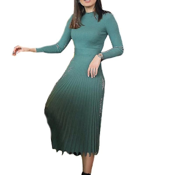 Dam Mock Neck Slim Fit Plisserad Ribbstickad Klänning Green L