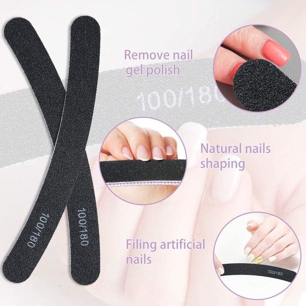 15 stk neglefiler profesjonelt sett buede neglefiler 100/180 grit tosidig smergelbrett manikyrverktøy for hjemme- og salongbruk B15 Pcs Curved  Black