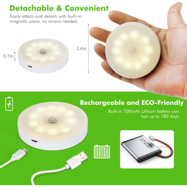 Rörelsesensorlampor inomhus, batteridriven uppladdningsbar smart LED magnetisk nattlampa för trappor (3-pack)