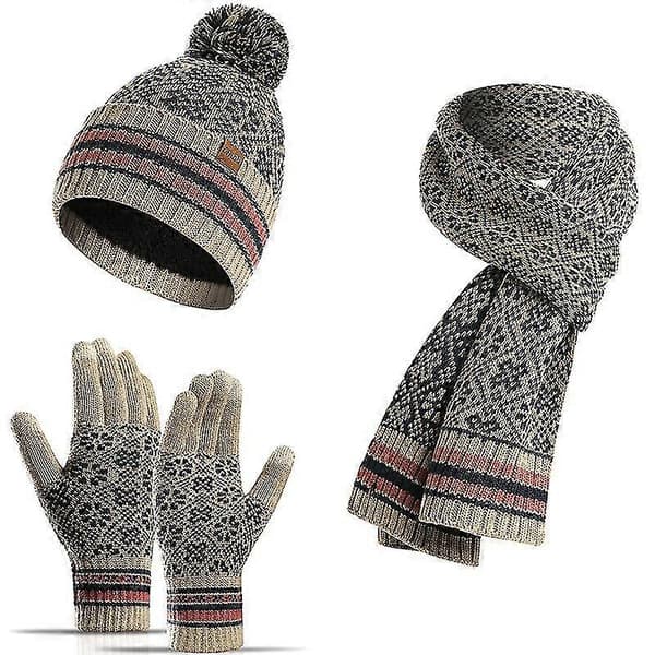 Vinter Ny Stickad Halsduk Varm Ullmössa Halsduk Handskar Tre Delar Beige
