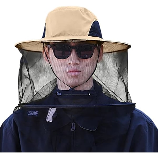 Net Hat Andningsbart Mesh Bihat med Dragsko Anti-Flies Solskydd Fällbar Justerbar, Beige