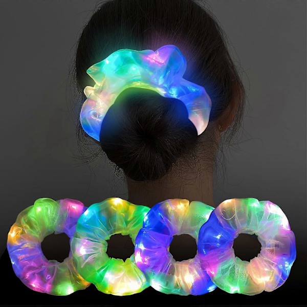 4 stk. Lys Scrunchies Hårstrikk, LED Scrunchy Hårelastikk for Kvinner, Selvlysende Festartikler Rave Tilbehør