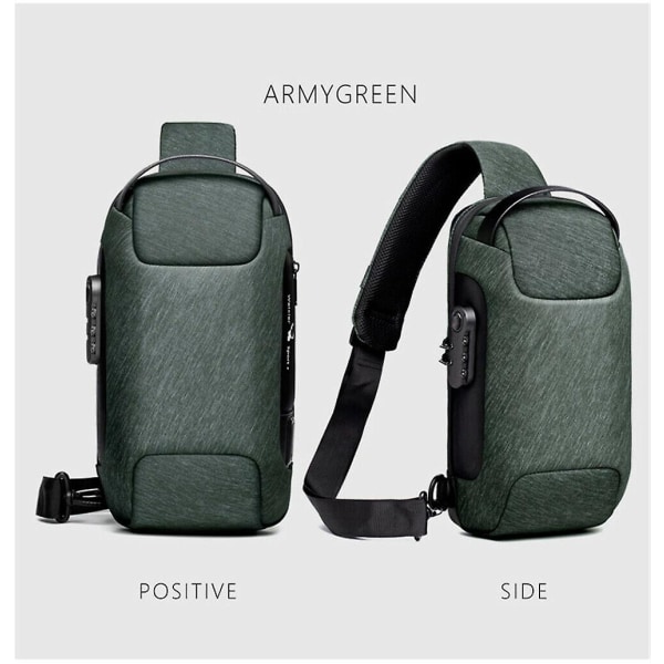 Miesten Crossbody Rintalaukku Vedenpitävä varkaudenesto reppu USB latausportti Green