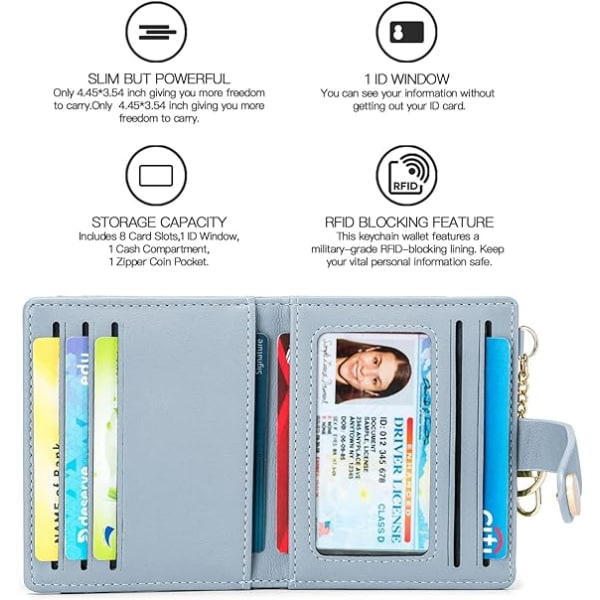 Kvindernes slanke pung RFID-blokerende bifold-kortholder med lynlåslomme til mønter, ID-vindue og nøglering blue