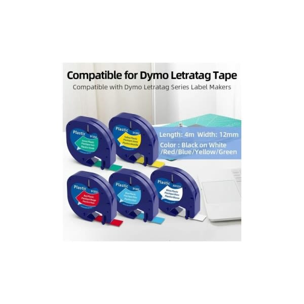 Etiketttape kompatibel for Dymo LetraTag, 12mm x 4m, pakke med 5, svart på hvitt/rødt/gult/blått/grønt