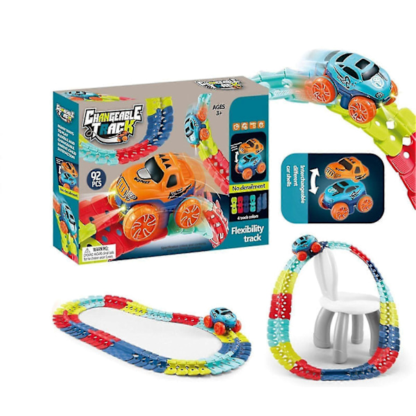 Muuttuva Rata LED-valoilla Kilpa-auto Joustava Rata & Sähköautosetti JZ 92pcs