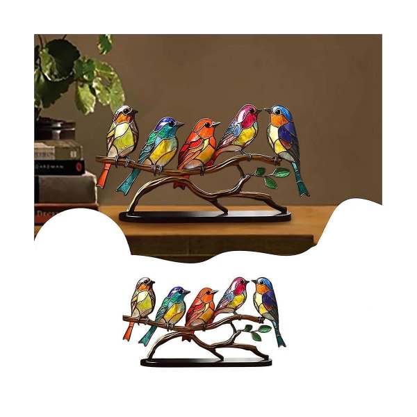 Stained Birds on Branch Desktop Ornament, Multicolor Bird Stained Metal Desk Ornament, Stain Iron