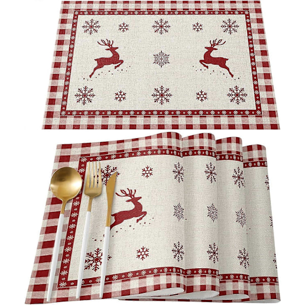 Plassmatter Sett med 6 Varmebestandige Plassmatter for Spisebord Julenisse Snøflak Rød Buffalo Rutete Plassmatter Sett Innendørs og Utendørs Dekor Christmaslae1166 6pcs Placemats