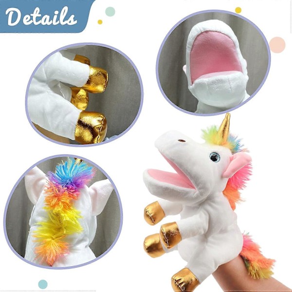 Plush Enhörning Handdocka med Öppen Rörlig Mun för Fantasifull Lek, Rollspel, Interaktiv Leksak för Berättande Undervisning Dockteater, Födelsedag