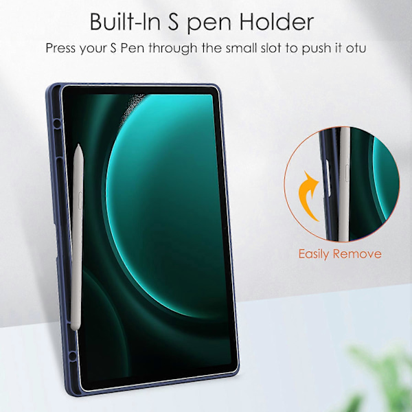 Kirkas suojakotelo Samsung Galaxy Tab S9 FE Plus -tabletille, kynäpaikka, kolmiosainen jalustakotelo Dark Blue
