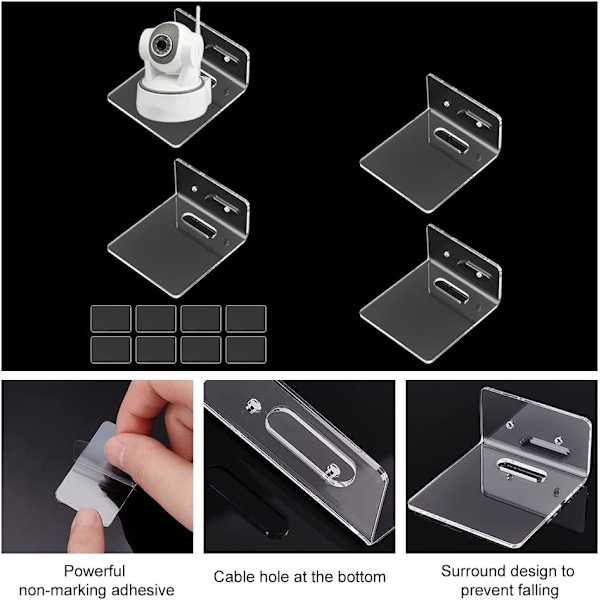 4 stk veggmonterte hyller, flytende akrylhyller for smarthøyttaler med kabelklips, lim- og boreinstallasjon