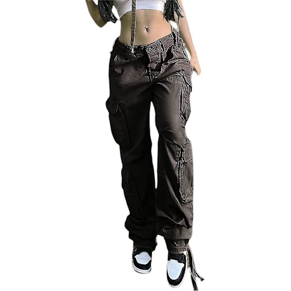 Baggy Hip Hop Cargo Bukser for Kvinner med Lomme Y2k Lavt Liv Snøring Løse Joggebukser Cargo Bukser Casual Sweatpant Streetwear Grey M