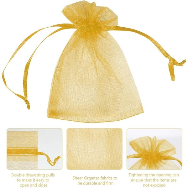 Lynlås Mesh Smykkeposer, 100 Pak, Transparent Organza Gaveposer til Bryllup, Fest og Julegaver, Størrelse 3\" x 4\" (Guld)