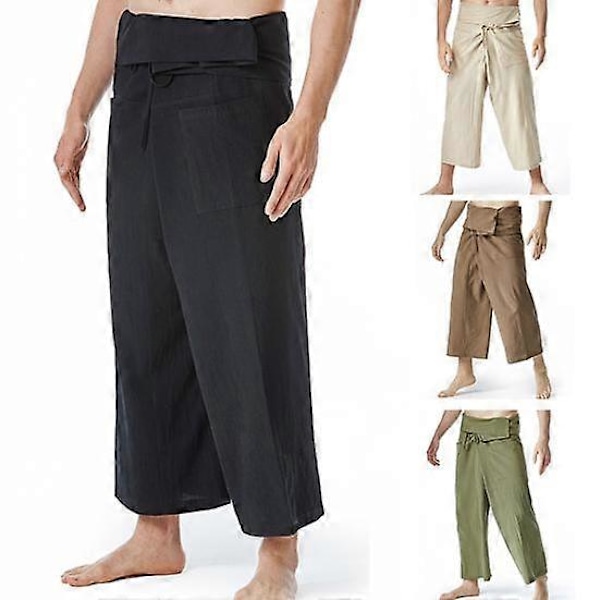 Thai Fisherman Bukser Stilfulde Ensfarvede Hør Yoga Bukser Løstsiddende Herre Yoga Bukser Thai Fisherman Bukser Hverdag black