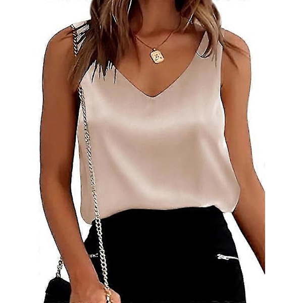 Dame Silke Sateng Tanktopper V-hals Casual Cami Ermeløse Camisole Bluser Champagne L