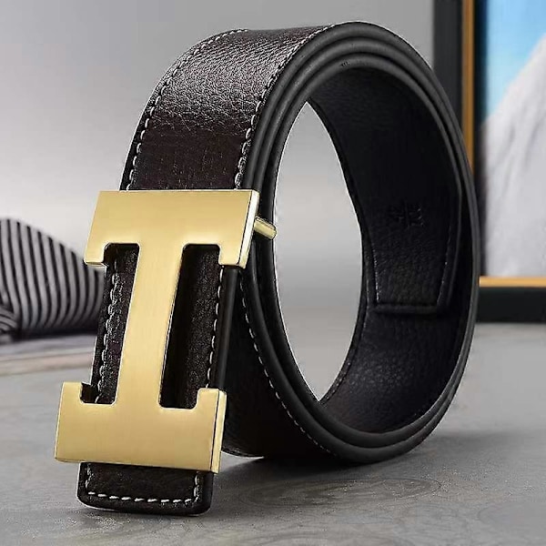 Ny stil affär ledig äkta PU-läder H slätt spänne litchi-korn bälte för män Coffee gold buckle