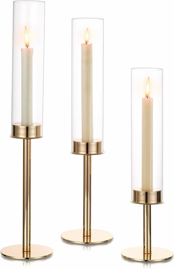 Guld lysestager, 3 stk. Hurricane lysestager med glas lysskærme til bryllupsborddekoration