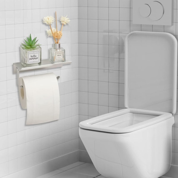 2 i 1 toiletrulleholder vægmonteret, hvid toiletpapirholder selvklæbende metal aluminium køkkenrulleholder med hylde