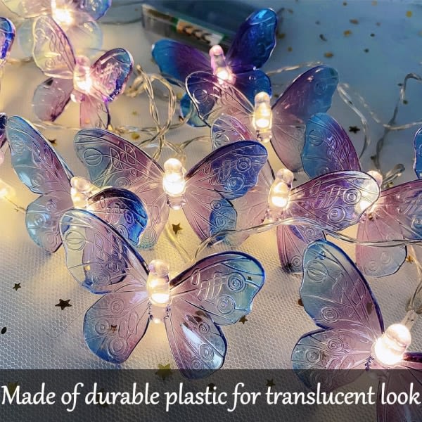 20 LED-fjärilsslingor, 3 meter batteridrivna lila fjärilslampor för hem inomhus utomhus trädgård bröllopsfest Holiday dekoration