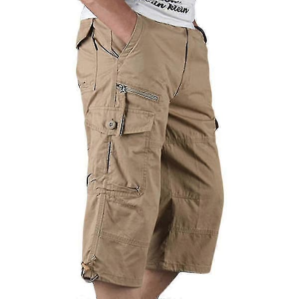 Herre 3/4 Længde Elastiske Shorts Talje Combat Quarter Bukser Khaki L