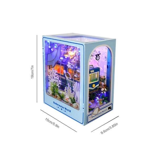 Bog Nook Kit DIY Bogreolindsats Dekoration 3D Puslespil Miniature Træbogstøtter Med LED Lys Lille Bibliotek Hjem Dukkehjem seabed