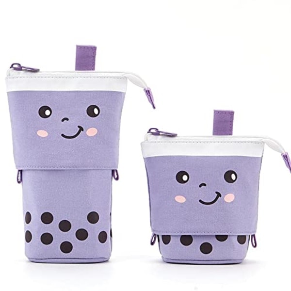 Stand Pen Holder, Telescopic Cartoon Cute Milk Tea Case Durable Canvas Stationery Makeup Bag for Girls Students and Office Supplies, Purple