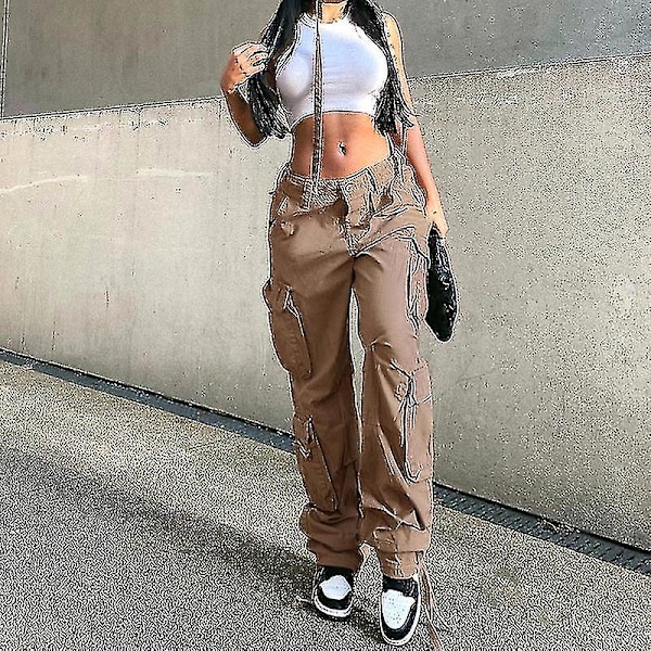 Baggy Hip Hop Cargo Byxor för Kvinnor med Ficka Y2k Låg Midja Dragsko Lösa Joggers Cargo Byxor Casual Mjukisbyxor Streetwear Khaki L