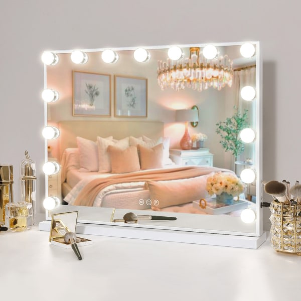 FENCHILIN Hollywood sminkspegel med lampor USB bordsskiva väggmonterad spegel Vit 58 x 46 cm Vit 58 x 46 cm