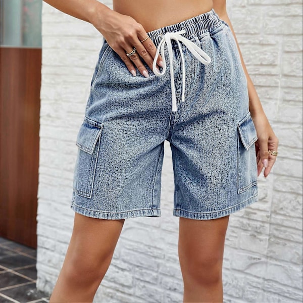 Elastiska shorts med dragsko i midjan för dam, flera fickor, lediga sommarshorts för daglig användning, blå L