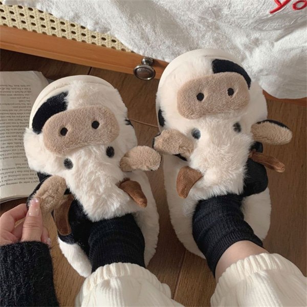 Cartoon Cow Cotton Hjemmesko til kvinder, Cute Cozy Fuzzy Kawaii