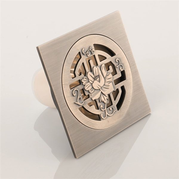 Bronse gulvrist for bad - Unik og antik firkantet dusjgulvrist med graverte blomster - Hagegulvrist 100×100mm