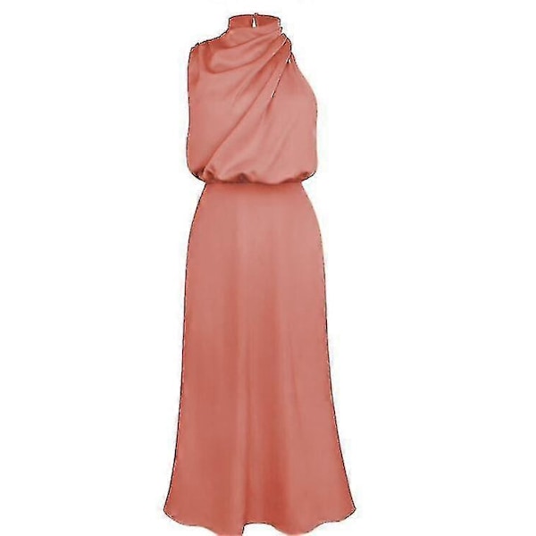 Sommerkjole i sateng for kvinner, uten ermer, plissert og lang Pink XL