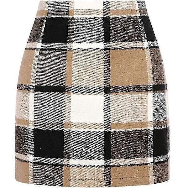 NYTT Dame Høy Midje Rutete Skjørt, Bodycon Blyant Ull Mini Skjørt Khaki M