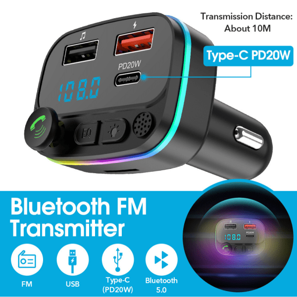 Bluetooth-adapterbil, sterkere mikrofon og basslyd MP3-musikkspiller, trådløs Bluetooth FM-sender Radiomottaker