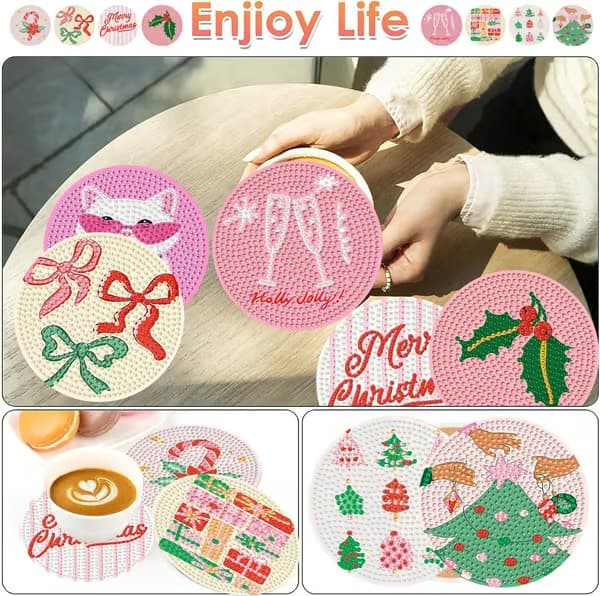igoodom 8 stk. jule-diamond art coaster-sæt med holder 8 Pcs Coaster(10cm Dia) MB628