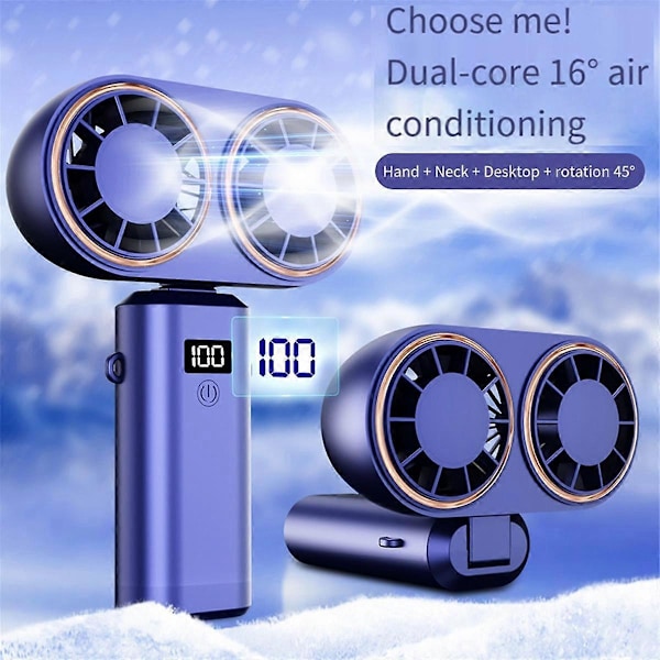 USB Genopladelig Dobbelt-Hoved Ventilator 2400mAh Håndholdt Ventilator Hængende Hals Ventilator Sammenklappelig Bordventilator med Digital Display, Pink