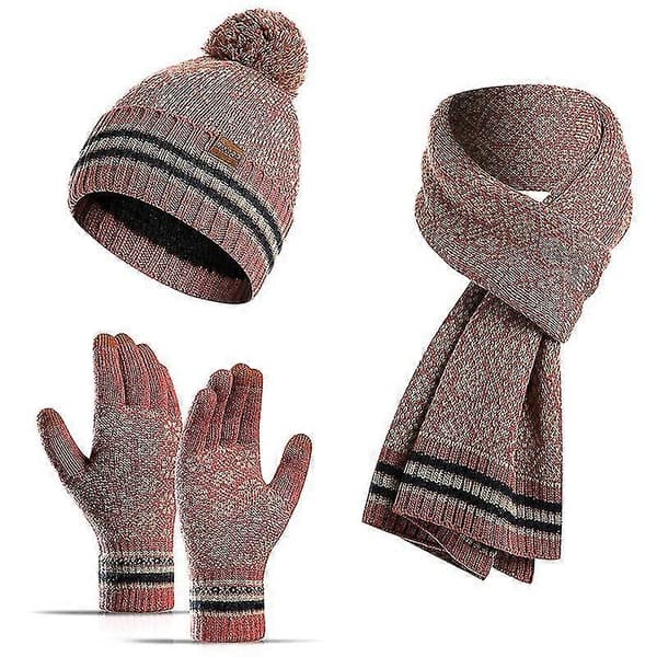 Vinter Ny Stickad Halsduk Varm Ullmössa Halsduk Handskar Tre Delar Beige