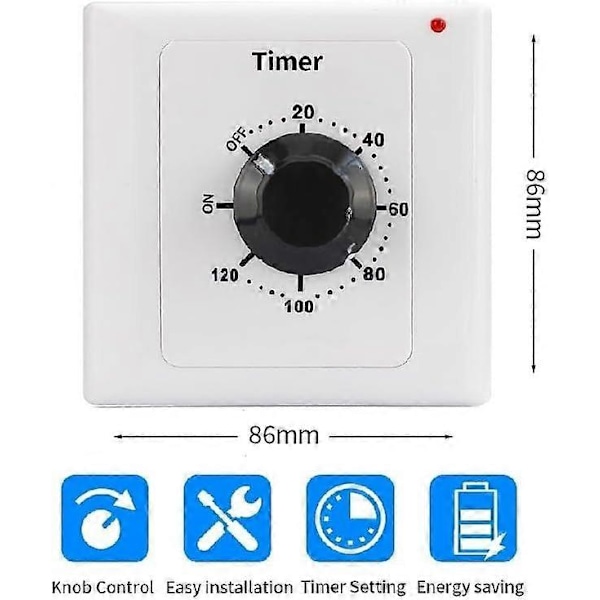 120 Min Timerbryter, AC 220V 15A Intelligent Mekanisk Nedtellingstimer Sokkel Tidbryter 86 Panel Timer Kontrollknapp