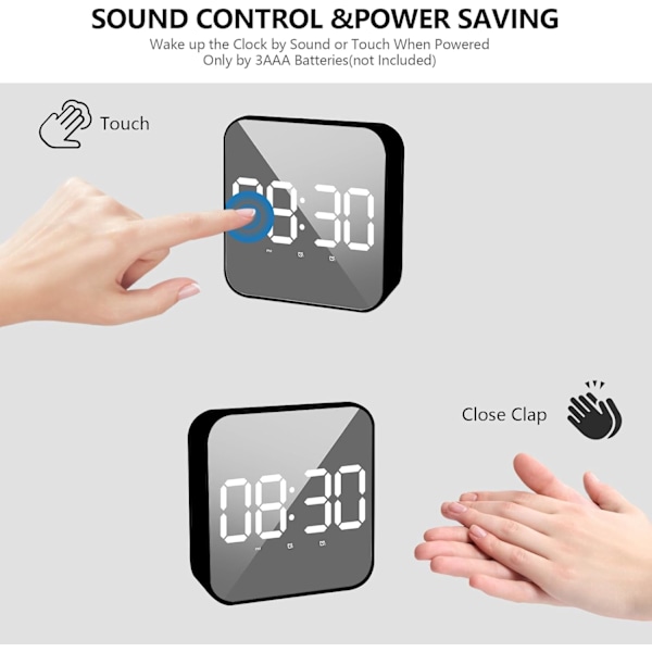 Funktioner stor LED-temperaturdisplay, tick-fri USB/batteridriven klocka, snooze-funktion, 3-nivåers justerbar ljusstyrka, röststyrning