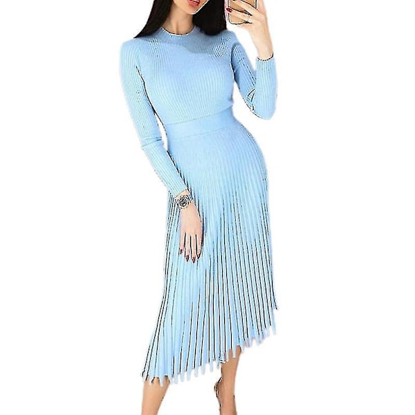 Dam Mock Neck Slim Fit Plisserad Ribbstickad Klänning Blue M