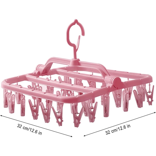 32 Peg Foldable Sokk Hangers med Klips, Rotary Hook Drip Hanger, Multifunksjonell S, Underklær, Plast Bærbar Tørking, Rosa