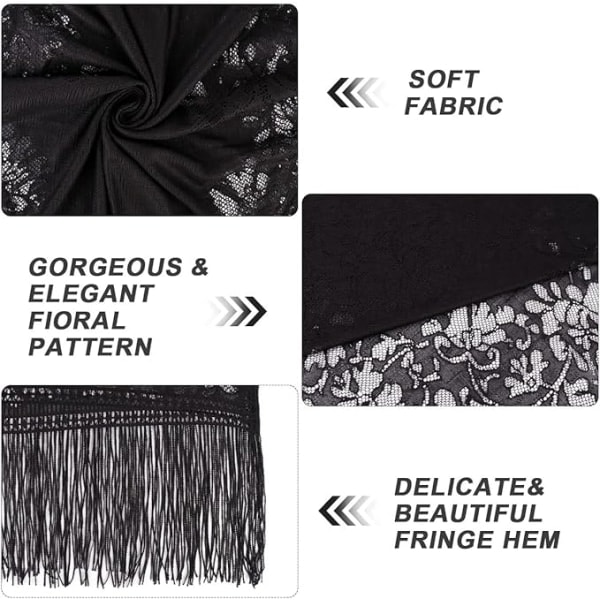 Damkrage Sjal Cape Scarf Spets Sjal Vingar Sjal med fransar Mjukt nät fransar omslag för bröllop fest black