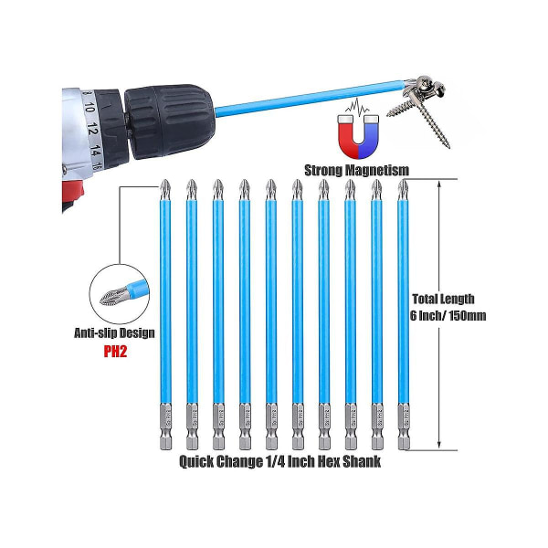 10 st 6-tums långa set Magnetic Ph2 Impact Driver Bits 2 Bits Med 1/4 Inch Hex För