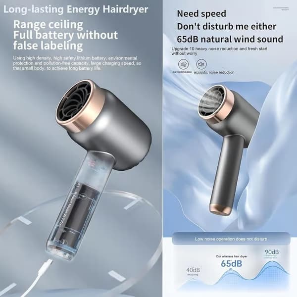 Ledningsfri hårtørrer, Professionel ledningsfri hårtørrer, Hårtørrer med 3 hastigheder USB genopladeligt batteri, Ledningsfri hårtørrer, Bærbar hårtørrer