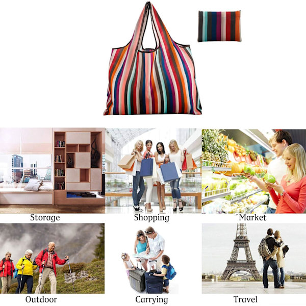 Genanvendelige indkøbsposer 2 pakker store nylon vaskbare sammenklappelige miljøvenlige heavy duty shopping tote taske passer i lommen ny regnbue
